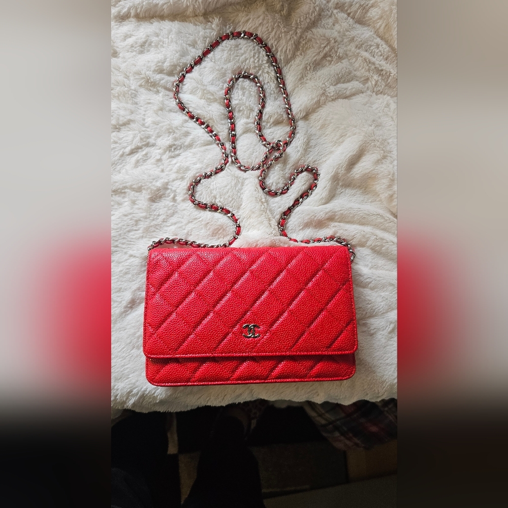 Chanel red caviar leather wallet on chain  with silver hardware.